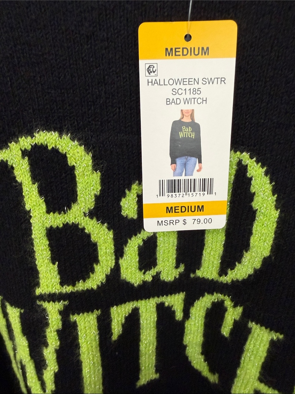 Vince Camuto Halloween Black Crewneck Sweater Bad Witch NWT - Picture 3 of 4